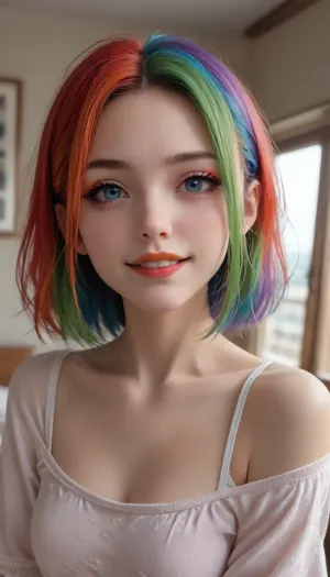 ziprealism, score_9, score_8_up, 1girl, (smug, expressive eyes), (rainbow hair, multicolor hair, eye catching hairstyle), (rainbow eyeshadow, rainbow eyeliner, rainbow lipstick), (cheek dimples, sharp chin, angular jaw, chiseled cheekbones, large doe eyes, triangular face:1.2), (intimate esthetic, tight closeup, award winning portrait, Dutch Angles:1.2), (sharp focus, focus on eyes, perfect eyes), catchlights, detailed eyes, bashful pose, sitting in front of window, streaming sunlight, off the shoulder, soft bokeh, <lora:add-detail-xl:.8>