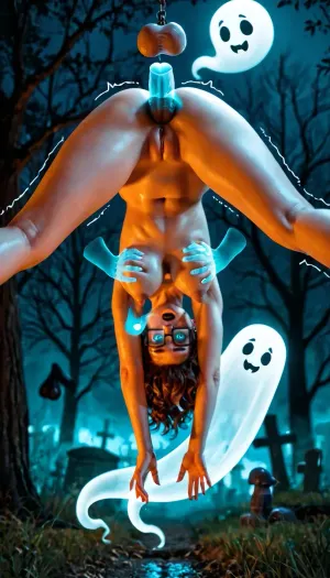 velma dinkley, eerie atmosphere, frightening cemetery, foggy, night, breasts out, skirt pulled down, multiple disembodied hands, glowing blue ghost hands, hands grabbing the woman, surprised, aroused, horny, hearts, backlit, flashlight, oiled skin, innie pussy, legs spread, dynamic view, floating, fondling breasts, groping, caressing, steamy, depth of field, natural breasts, natural ass, trembling, (disembodied ghost dick with hanging balls:1.3), disembodied ghost penis in her ass, shaved pussy, no pubic hair, ghost penis