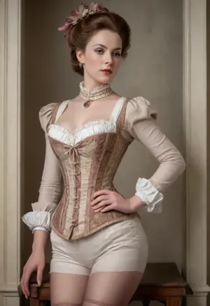 woman in underwear from the 18th century, corset, (farthingale in the form of a lattice frame:1.5), pantaloons, rococo style, J.C., Leyendecker, Style, page, <lora:J.C. Leyendecker Style:1.8>