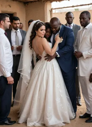(((interracial gangbang))), slut bride, (((cuckold husband hugs the bride from behind))), .
super giant and large black dicks.
A raw wedding gangbang scene of an Iranian bride and cuckold groom in a Nigerian refugee camp. The bride wears a super secy slutty micro wedding dress, slightly dusty torn Persian dress, the groom is simply dressed. They stand before a broken, peeling door surrounded by cardboard mats and scattered belongings. Refugees in worn clothes watch quietly. The dusty, harsh environment contrasts with the couple’s tender moment, highlighting hope amid hardship. huge, cock, anime, hugest, man, ever, cumming, romantic_couple_poses, detailxl, <lora:255484_training_data:1.1>, <lora:1365620_training_data:1>, <lora:dAIversityUnderstandingXLRealistic:1.2>