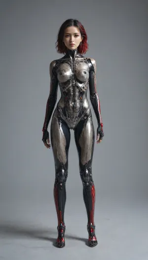 zoomed out full body portrait, ((Asian cyborg girl with partial transparent skull with visible wires and red plasma inside her skull:1)), <lora:PAseer-SDXL-Transparent Robot:.5>