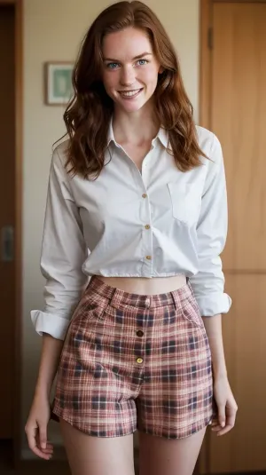 1woman, student, communist workers, lots of freckles face, lots of freckles head, lots of freckles body, no makeup, hail tail, oiled skin, horny face, cute tall tall tall tall tall smile, hypnotized eyes, perfect eyes, winks eyes, plaid shirt, unbuttoned all buttons, white panties
