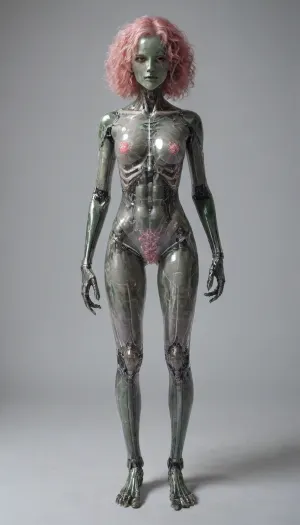 zoomed out full body portrait, ((Asian cyborg girl, transparent skull with visible wires and tubes and plasma:1)), (transparent pink and green robotic arms), robotic skeleton with visible LED robotic organs, many face scars and many tattoos, <lora:PAseer-SDXL-Transparent Robot:.5>