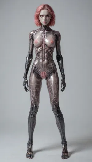 zoomed out full body portrait, ((Asian cyborg girl, transparent skull with visible wires and tubes and plasma:1)), (transparent pink LED robotic arms), robotic skeleton with visible LED robotic organs, many face scars and many tattoos, <lora:PAseer-SDXL-Transparent Robot:.5>