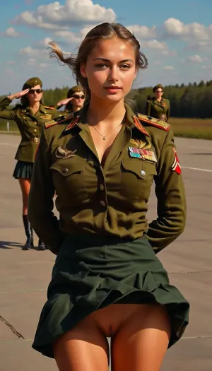 ((3/4-body front view)), Helicopter landing pad, windy sunny day, ((3 tanned beautiful young military Russian women in same soldier uniforms with tight military blouses and extremely short high lifted miniskirts, standing at attention in straight row, saluting with one hand, their miniskirts lifting high up in the wind exposing their naked shaved pussies)), long slim legs straight together, pretty young faces, different hair colours, naked shaved pussies, narrow waists, military boots, 18 years old, very beautiful faces, fit slim athletic bodies, heavily tanned skin, pantieless, clothes, windyupskirt, supermodel, face, big, lips, skirtlift, <lora:windyupskirt_SDXL:.7>, <lora:MJ52:.7>, <lora:334932_training_data:1>, <lora:Beautify-Supermodel-SDXL:.7>, <lora:skirtlift_xl:.5>