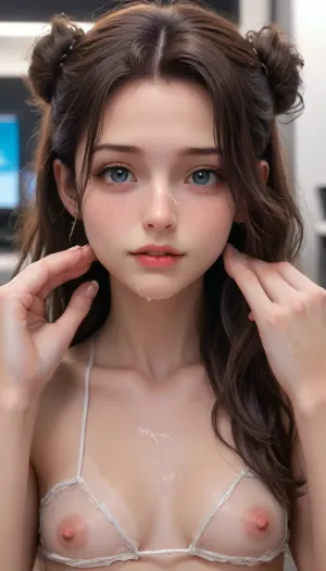 Higest quality, best quality, perfect hands, perfect face, perfect skin, 4k resolution, hdr, realistic lighting, realistic, realism, A petite flat chested college girlfriend, sunkissed skin, she has dark tan skin with bikini tan lines, she has brown hair in a messy bun, freckles on her face, she has a cute very detailed face, focus on her face, flat, chested, 4ng3l, face, tanlines, Best quality, 18 year old girl, Cheating on her boyfriend, boyfriend playing computer games in the background, treason, betrayal, cuckolding, beautiful face, high quality face, high eye quality, beautiful fingers, beautiful lips, beautiful teeth, high quality fingers, girls large exposed breasts, sexy nipples, Beautiful eyes, girls shaved pussy, brunette, long hair, full body view, 2man, 1girl, r3tro_cumshotz, cum, facial, dripping, thick, white, retro, cumshots, detailxl, breasts, squeezed, together, nipples, Eldritch Candid Photography, bukkake, <lora:xl_more_art-full_v1:.8>