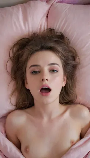 woman, excited nude thin 20yo grad student with messy hair wearing open pink silk pajamas in cluttered dorm bedroom, naked waist, orgasm face, half body shot, masturbating, unfocused gaze, open mouth, furrowed brow, looking past viewer, lying flat on her back in bed, aerial view, shot from ceiling, damp sweaty skin, nipslip, light pink nipples, Dasha, <lora:orgasmface_SDXL:.4>, <lora:Dasha_Taran_V5-000013:.8>