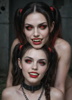 (((two 18 year old vampire girls))), midevil, glowing red eyes, black eyeshadow, sad face, closed mouth, one with black hair with rainbow hair, pigtails, red lipstick, vampire, vampire teeth, K-9 fangs, in a dark graveyard, bound in chains, pale skin, pale, skin, <lora:Pale_Skin_SDXL_v1.0:.8>, <lora:ahxl_v1:.8>, Subspecies, style, <lora:Subspecies style:.8>, Perfect, Fangs, fangs, sharp, teeth, fang, <lora:Unfazed vampire - XL SDXL V1.0:.8>, black, sclera, eyes, <lora:black sclera:.8>