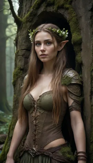 *Epic cinematic scene of a 22-year-old dryad with delicate elven-like ears, flowing earth-toned long hair intertwined with vines and blossoms, glowing green eyes full of ancient wisdom, deep inside the dark underground dungeons of a ruined castle in a grimdark fantasy world, wearing a natural armor made of bark, leaves, and woven roots, adorned with mystical forest talismans and glowing spores, holding a dim bioluminescent torch casting faint eerie light, walking through narrow pitch-black stone tunnels with damp moss-covered walls, dripping water, crumbling stonework, and forgotten carvings, approaching a plain old wooden door hidden in oppressive darkness at the end of the corridor, no sunlight or external light sources present, only the flickering magical glow revealing textures of aged stone, decayed wood, and rusted metal, intense atmosphere filled with floating dust and spores, hyper-detailed textures, photorealistic style, 8K quality, fantasy concept art, trending on ArtStation, dark fantasy mood*, <lora:580159_training_data:1.2>