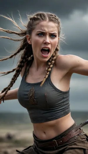 A young Viking warrior woman in a detailed close-up, performing a powerful sword slash above her head, viewed from below, with a dramatic and intense facial expression, shouting in battle fury. Her hair is styled in tight braids, flowing dynamically in the wind. She wears a tattered, dirt-covered crop top and a short, rugged skirt, both showing visible damage and stains from combat. Her exposed midriff reveals a slim, athletic physique with subtle muscle definition. The background features a chaotic battlefield with blurred figures and heavy, dark storm clouds filling the sky, adding a dramatic and ominous atmosphere. The lighting is moody with a mix of natural daylight and shadowy tones, emphasizing the dirt and wear on her clothing and skin. Highly detailed, cinematic quality, realistic textures, dynamic composition, 4k resolution.