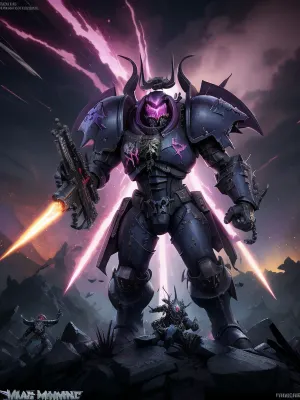 A grimdark scene in the Warhammer 40k universe. Chaos Space Marines of Slaanesh, known as Noise Marines, are performing a brutal concert atop a mountain of corpses. Their power armor is painted in vibrant and clashing neon colors — hot pink, purple, gold, and black — adorned with spikes, chains, and daemonic symbols. Each marine wields sound-based weapons that resemble electric guitars, massive speakers, or twisted instruments of war and music. The sky above is swirling with warp energies, glowing in chaotic hues of pink and violet. Lightning crackles as the corrupted air trembles from the sonic onslaught. Around them, dead bodies lie broken and bloodied, forming a grotesque audience. The marines are caught mid-performance — one screaming into a microphone fused into his helmet, another raising his sonic blaster to the heavens. Atmospheric, brutal, psychedelic chaos.