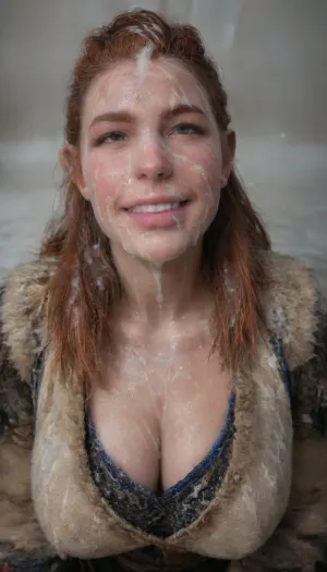 aloy from horizon zero dawn, perfect smile, laughing, happy, massive Breast, cleavage, Fur Coat, (Cum details), realistic cum, Prominent cum, (white cum:2), (cum on clothes:1.8), cum on, (Cum flows:2), (cum on body:1.6), cum on hair, (cum on face:2), bukkake, ((Clothes and body covered with semen)), woman, cum, on, face, Face covered in cum, (A lot of cum:2), Aloy, <lora:JustCum:2>, <lora:678016_training_data:2>, <lora:cum_in_eye_deepmind:2>, <lora:AloySDXL:.8>