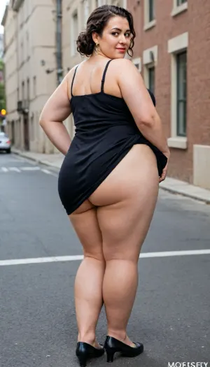 Black hairy fat, obese overweight woman. Standing.posing.The exhibitionist woman, street, dress out, SKIRT, LIFT, UP, DRESS, CURTSEY, FROM, BELOW, BACK