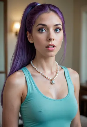 Julia, surprised expression, wide eyes, open mouth, (long straight purple hair in a ponytail), (light teal/pastel blue top), (pearl necklace), light tan skin, slightly exaggerated features, dramatic pose