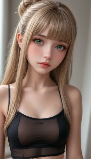 (Dinamic random photo angle and frame:1.8), (Realistic amateur photo), 8k, (candid photo), french amateur petite girl, 19yo, delicate natural beauty, blush, (bright green eyes with eyelashes and eyeliner), sharp face features, (balayage blonde long hair with bangs), pale oily skin, fit skinny body, tiny tits, narrow waist, fit abs, thin legs, (black see-through crop top and slutty miniskirt with upper g-string visible), realistic skin texture, realistic detailed face, night time, dark, happily aroused and excited. in luxurious living room., (extreme detailed face), (perfect teething), (hiperrealistic skin texture), detailed, face, freckles, tiny moles, big glossy lips, Caucasian woman, beautiful face, tan skin, horny expression, beautiful, perfect face, makeup, (overflowing cameltoe:1.5), (fat pussy), (dinamic pose:1.3), (overflowing vulva), (overflowing pusdy lips), waist, oiled skin, gorgeous, looking at viewer seductively, seductive eyes, model, topless, stockings and garters, waist shot, tan lines, black long hair, shy, blue eyes, (comically hyper puffy swollen vulva), rounded ass, large rounded breasts, nice pussy, perfect feminine Estonian face, seductive, (hair up in bun), <lora:add-detail-xl:.8>, <lora:Beautify-Supermodel-SDXL:.8>