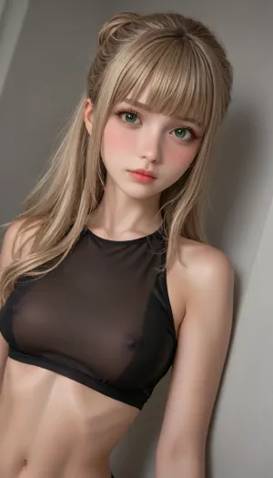 (Dinamic random photo angle and frame:1.8), (Realistic amateur photo), 8k, (candid photo), french amateur petite girl, 19yo, delicate natural beauty, blush, (bright green eyes with eyelashes and eyeliner), sharp face features, (balayage blonde long hair with bangs), pale oily skin, fit skinny body, tiny tits, narrow waist, fit abs, thin legs, (black see-through crop top and slutty miniskirt with upper g-string visible), realistic skin texture, realistic detailed face, night time, dark, happily aroused and excited. in luxurious living room., (extreme detailed face), (perfect teething), (hiperrealistic skin texture), detailed, freckles, tiny moles, big glossy lips, Caucasian woman, beautiful face, tan skin, horny expression, beautiful, perfect face, makeup, (overflowing cameltoe:1.5), (fat pussy), (dinamic pose:1.3), (overflowing vulva), (overflowing pusdy lips), waist, oiled skin, gorgeous, looking at viewer seductively, seductive eyes, model, topless, stockings and garters, waist shot, tan lines, black long hair, shy, blue eyes, (comically hyper puffy swollen vulva), rounded ass, large rounded breasts, nice pussy, perfect feminine Estonian face, seductive, (hair up in bun), <lora:add-detail-xl:.8>, <lora:jesalba_xl_1_standard_merger_29_60_83_05_02_03:.8>