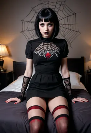 18 year old goth girl with a black bob haircut and black lipstick, in a short sleeve black dress with clear sleeves on her forearms that have a spiderweb pattern to them, and thigh high red and black striped socks posing on a bed