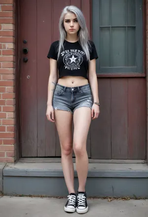 18 year old emo paler skin, long grey hair shaved short on the left wearing a black cutoff tshirt showing her stomach and cutoff jean shorts. Knee high laced converse shoes