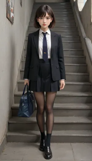 european, femboy, (skinny:.7), full body in frame, black hair, school bag, medium hair, white shirt, black jacket, thin black pants, school uniform, neck tie, black school shoes, blush, large eyeleashes, blue eyes, loooking at viewer, sceared, under the stairs, vulgar graffiti, (medium breast:1), wide hips