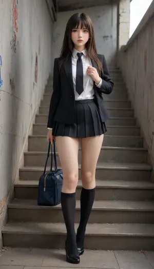european, femboy, (fit:.9), full body in frame, black hair, school bag, long hair, white shirt, black jacket, long Pleated black Skirt, school uniform, neck tie, Black Suede High Heels, blush, large eyeleashes, blue eyes, loooking at viewer, sceared, under the stairs, vulgar graffiti, (big breast:1), (wide hips:1.1), Black Sheer Socks