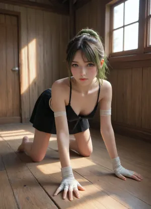 Wooden house, young girl, 1girl, purple eyes, green hair, hair in a ponytail, bandages on hands, black skirt, hands tied with rope, medium breasts, seductive look, blush, standing on all fours, slim, beautiful, perfect ass, 18 year old, crystal clear focus, sharp focus, cinematic lighting, octane render, hyper detailed hyper realistic natural petite cutie, the brightest image, complex 3d render ultra detailed, (pale skin), ((perfect body)), (rim light), vibrant details, hyperrealistic, anatomical