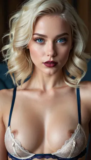 Full body view, girl, realism, detail, cute face, big blue eyes, round facial features, full lips, sharp cheekbones, dark lipstick, long eyelashes, makeup, short wavy hair, platinum blonde hair, completely flat chest, slim athletic body, wide sexy hips, flat taut stomach, oiled skin, transparent sexy lace underwear