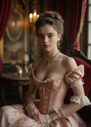 (masterpiece, best quality, ultra-detailed, photorealistic, HDR, every plane in sharp focus, all details highly defined), Eliška, noble young Czech woman, about 18 years old, with a refined and aristocratic face, very large almond-shaped hazel eyes, long curled lashes, thin arched brows, high cheekbones, straight slender nose, subtle rose blush high on her cheeks, small heart-shaped lips in soft rose, calm and regal smile, flawless porcelain skin, extremely long thick chestnut hair styled in an authentic late 1690s baroque coiffure, tall, powdered, with large structured side rolls, long ringlets cascading to her shoulders and back, elaborate side curls, lavishly decorated with wide silk ribbons in pastel tones, triple strands of pearls, gold and pearl hairpins, a small cluster of silk roses and violets, pronounced hourglass figure with, (large full tight breasts:1.2), ultra-narrow conical corseted waist, (fully revealed navel and bare waist, the full upper part of her very wide hips and thighs clearly visible:1.2), wearing a genuine 1690s white linen chemise blouse with gathered neckline, short ruffled sleeves, richly embroidered and boned stomacher, tightly laced conical baroque corset, ultra-short tartan overskirt styled as a modern mini skirt with velvet ribbon trim, sitting very low on the hips, revealing her navel, bare waist, and the upper part of her wide hips and thighs, sheer nude silk over-the-knee stockings with fine embroidered clocks, ivory Louis XIV shoes with high curved French heels and silver buckles, triple-strand pearl necklace, ornate gold bracelet, pearl drop earrings, gracefully seated on a grand carved baroque velvet chair in a magnificent Prague art café styled after 1690s Versailles, massive gilded wood paneling, ceiling and wall murals with mythological scenes, tall windows with heavy lace curtains, marble tables, crystal chandeliers, brass candelabra, fresh roses and violets, filtered sunlight, opulent Sun King baroque ambiance, makeup is refined and era-accurate, bright rose blush high on the cheeks, softly powdered skin, delicately defined eyes, soft rose lips, every finger of both hands precisely rendered with five distinct non-fused fingers, all facial features, eyes, and lashes perfectly defined, <lora:MJ52:1>, <lora:SDXLHighDetail_v6-000005:.8>, <lora:Microwaist_XL_v01:.8>