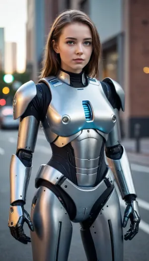 girl 20 years old robot cop . Full length