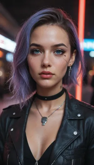 Subject, Portrait of a woman in cyberpunk fantasy style

Description, Portrait of a young woman looking sideways, (left), with an expressive and confident look. She has a short hairstyle in the undercard style, painted in a bright blue color with the addition of pink and red strands on the long side. Small luminous rods are woven into the hairstyle, creating a futuristic effect.

Face, Complex makeup is noticeable on the face, bright, shiny eye shadow with a blue accent, as well as shiny accents on the cheeks. She has well-defined eyebrows and neutral-tinged lips. There is an earring with a pendant in the left ear.

Clothing and Accessories, The woman is wearing clothes with a metallic sheen, resembling a vest or jacket. A black choker and a thin gold chain with a pendant are visible on her neck. A tattoo depicting flowers and geometric patterns is visible on his shoulder.


Lighting, The lighting is intense, with an emphasis on the face and wings, creating a play of light and shadow. Neon lights add vibrant colors and dynamics to the image.

Style, The visual style combines elements of cyberpunk and fantasy, using bright colors, glitter and futuristic elements. The general mood is mysterious and energetic.

Keywords, cyberpunk, fantasy, portrait, woman, undercard, blue, pink, neon lights, wings, tattoo, makeup, luminous rods, glitter, futuristic, night city., <lora:cyber_aesthetic_sdxl:.8>
