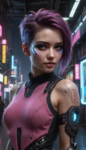 Create an image of a girl with short hair, where the sides are shaved. The hair is colored in bright pink and blue shades. The look is complemented with futuristic makeup using highlighter. The girl has a thin face and build. The background is blurred, neon lights and cyberpunk elements are present in the atmosphere. Incredibly beautiful eyes, a slight smile on her face, fashionable clothes, perhaps a vest, perhaps a T-shirt or a top under the vest, the girl smiles slightly, looks into the distance, the atmosphere of the distant future and cyberpunk neon lighting on the side and back creates an incredibly beautiful background and lighting in the frame, studio photo quality, a well-built frame

The photo is made in 4K quality with rich colors., cyberpunk, style, <lora:sdxl_cyberpunk:.8>, <lora:CyberPunkAIp:.8>, mad-2cbrrm, mad-1cbrrm, <lora:Neon_Cyberpunk_Cyberarm_SDXL:.8>, cyberpukai, 2077_Style, <lora:2077_Style:.8>, <lora:cyber_aesthetic_sdxl:.8>