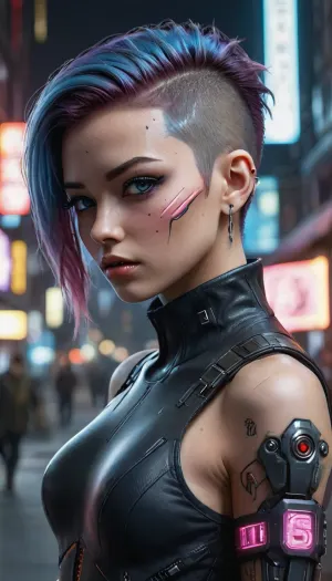 portrait of a young woman in cyberpunk style. She looks to the left, she has a short hairstyle, dyed blue with pink and red inserts. She has brightly colored hair on her head, which gives her a futuristic look.

The woman has noticeable makeup on her face, shiny eye shadow and sparkles on her cheeks. She also has an earring in her ear.

She's wearing clothes with shiny elements, maybe a vest or jacket. There's a tattoo on his shoulder.

Behind the woman's back, they are seen shimmering in different colors, which adds an element of fantasy to the image.

The background is blurred and consists of neon lights and other elements typical of cyberpunk aesthetics. Lighting creates a play of shadows and adds depth to the image., green, eyes, blue, brown, 2077_Style, <lora:2077_Style:.8>, mad-2cbrrm, mad-1cbrrm, <lora:Neon_Cyberpunk_Cyberarm_SDXL:.8>, cyberpunk, style, <lora:sdxl_cyberpunk:.8>, Portrait of a young woman in cyberpunk style. Short hairstyle in blue with pink and red inserts, brightly colored hair. Makeup with shiny shadows and sparkles, an earring in her ear. Shiny clothes, maybe a vest, with a tattoo. Blurred background with neon lights., <lora:cyber_aesthetic_sdxl:.8>, laura, (Cyberpoint:.8)