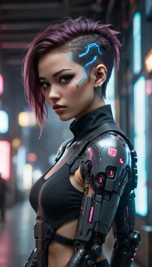 portrait of a young woman in cyberpunk style. She looks to the left and has a short hairstyle dyed blue with pink and red accents. She has glow sticks on her head that add a futuristic look.

The woman's face has noticeable makeup, shiny eye shadows and sparkles on her cheeks. She also has an earring in her ear.

She is wearing clothes with shiny elements, perhaps a vest or jacket. There is a tattoo of flowers on her shoulder.

Behind the woman's back, large wings are visible, shimmering with different colors, which adds an element of fantasy to the image.

The background is blurred and consists of neon lights and other elements typical of cyberpunk aesthetics. Lighting creates a play of shadows and adds depth to the image., green, eyes, blue, brown, perfecteyes, <lora:PerfectEyesXL:.8>, 2077_Style, <lora:2077_Style:.8>, mad-2cbrrm, mad-1cbrrm, <lora:Neon_Cyberpunk_Cyberarm_SDXL:.8>, cyberpunk, style, <lora:sdxl_cyberpunk:.8>