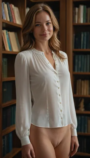 A cute 35 year old woman, dark blonde hair. Smile. Tiny tits, without tits, 0 size tits. Not tall, 165 cm height. standing in front of a bookshelf, (((She is wearing a white blouse))), ((nude pussy)), nude pubbis, Hair pussy. The key design feature is the construction, many books, detailed, eyes, perfect, freckles, skin, texture, photorealistic, <lora:Super_Eye_Detailer_By_Stable_Yogi_SDPD0:.8>