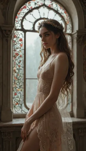 Cute girl, Rating_explicit, ultra realistic studio photo portrait of nude girl styled like a muse, (small breasts, slim thighs, slim waist, gymnast body, young face:1), content smile, (petite girl:1.3), sitting gracefully near a decorative wall, sheer translucent gown falling off her waist, delicate jewelry and a floral crown, long flowing hair cascading down her back, elegant art nouveau backdrop with swirling golden patterns and floral motifs, soft diffused lighting, pastel color palette, ethereal mood, moody shadows, graceful pose, DSLR 8k realism, modern nude photography, (a wrought iron arch with flowing art nouveau patterns inspired by Alphonse Mucha on background:1.2), (dramatic cold light from the left side, dramatic rim light from the right side:1.4), pastel colors, floral abundance, cinematic atmosphere, professional editorial fashion photo, 8k realism, detailxl, klimt, gold, <lora:add-detail-xl:.8>, <lora:detailed_notrigger:.8>, <lora:KlimtStyle:.4>, <lora:MJ52:.8>