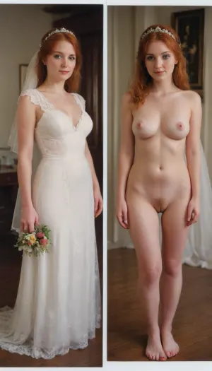 1980s, (((1980s pretty female bride))), amateur model, natural face, amateur photo, ginger hair, 28 years old, (((picture taken with Polaroid SX-70:1.5))), (natural boobs), natural boobs, (hairy pussy:1.4), (full body in view), ponytail hairdo, (same person, same pose, same angle), (2Split screens, 2split views, onoff:1.2), (wearing 1980s very very very skimpy lace wedding dress), (church background), BREAK, <lora:OnoffXL_ExtraCrispy:.7>