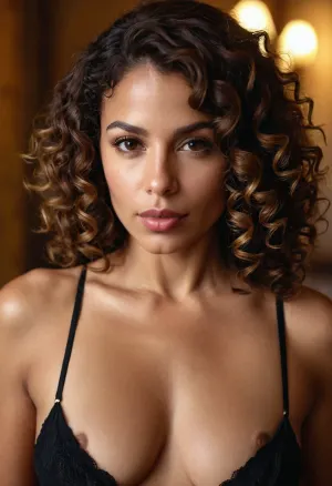 Brazilian woman, 32 years old, dark brown curly hair with highlights one shade lighter, medium-toned light to dark hair, velvety skin, full lips, and a look of tenderness and passion.
The camera's view is from below, allowing a view of her entire vagina, which is open and wet., <lora:281928_training_data:.8>