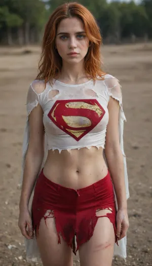 8k, best quality, real picture, intricate details, ultra-detailed, ultra highres, depth field, (photorealistic), (red skirt), (realistic:1.2), masterpiece, photo of european girl, supergirl, (bruise, dirty, torn clothes, revealing clothes, blood:1.3), blue eyes, ginger hair, hair, (ripped cape), ripped pantyhose, superhero, solo, sun, blue sky, cut on cheek, midriff, realistic, photorealistic, (intricate details:1.2), (delicate detailed), (cinematic light), clear line, sharp focus, realistic face, detailed face, unity 8k wallpaper, ultra high res, (bruised face), (photorealistic:1.4), looking at viewer, B3y3, cuts, fullbody, on, face, back, bleeding, blood, <lora:Supergirl:1>
