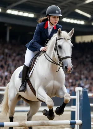 High quality image, photorealistic, super detailed, masterpiece, 8K, London show jumping competition. A Westphalian horse in a high jump over a barrier, a dark-haired rider in a helmet, her hair is tied in a ponytail with a rubber band, dark blue redingot, under the redingot the collar of a light-coloured shirt with a white tie, light-coloured breeches, black boots, against the background of the stadium, full-length photo, close-up, full-face view.