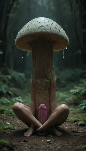 Distance view from drone showing a mystical hollow. Mushrooms glow in different colours, cyan glows about the ground, pink atmosphere, 18 year old girl with a huge dildo sitting on a tiny island, <lora:bird-view_v1:.8>, <lora:dark:.8>