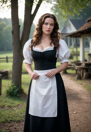Mrs. Smith, (17th century colonial clothing), long dark reddish brown wavy hair, (white apron), (black dress), full figure, ((large breasts)), slightly serious expression, outdoors, rustic setting, dynamic posing