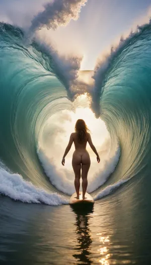A curvy naked woman, balanced on her surfboard, rides through the massive curl of a towering ocean wave. The sunlight glistens on the water as she emerges from the barrel, completely naked, a picture of strength and grace.