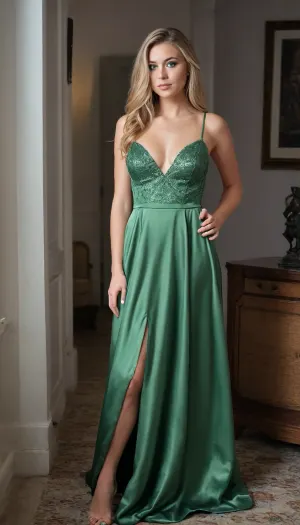 women, 25 year old, dirty blond hair, green eyes, loose fairly straight hair, big boobs, head to toe visible, full portrait, showing head to toe, full length of body, full dress in picture, feet on floor
full dress, prom dress, full Long green satin skirt, satin dress, shiny, silk dress, long silk dress, flowing dress, show, <lora:upskirt:2>, <lora:56a206e8-def0-49c2-b599-66069ac558c5.TA_trained:2>, <lora:MaybeBetterFaceInFullBodyLora_XL_rev3:.8>