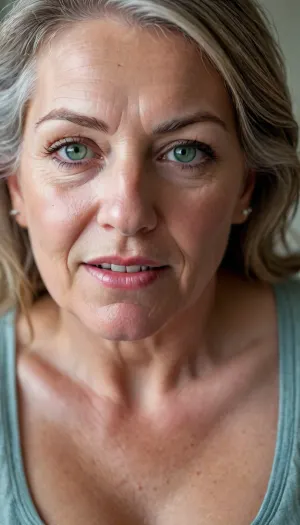 (male pov, holding penis), Photo of a pretty woman with beautiful eyes, ((Nikon Z8)), realistic matte skin, wrinkles, skin texture visible, cleavage, saggy, (sharp focus), (high quality), (face visible), ((Detailed Face and Eyes)), ((Norwegian Scandinavian woman)), ((full-frame photo)), lustful eyes, (long brown hair with silver streaks), (highly detailed hair), (realistic), soft focus, analog look, insanely detailed, highest quality, green eyes, looking at viewer, (realistic:1.3), (shadows:.9), film camera, analog, photo, film grain, realistic face, perfect face, Photo of a 65 year old mature woman, RAW photo, subject, (fine skin detail:1.1), 8k UHD, soft light, high quality, Fujifilm XT3, dynamic angle, (fat, obese, Fat, with a excited fat face, wrinkles, sagging, small breast), <lora:add-detail-xl:.8>, <lora:DetailedEyes_V3:.5>