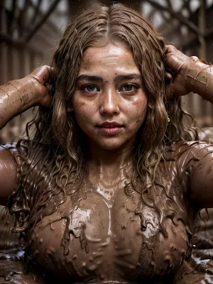 A photorealistic, ultra-high-resolution image capturing a breathtaking 20 years old chubby woman's fat face. Her curly blond hair slightly cover her eye and part of her fat face, her face is completely soaked with sweat, she is completely covered with mud, her face is completely covered with mud, her hair is completely covered with mud, Scene is rendered with cinematic realism, evoking both beauty and emotional depth. only the head looks out of the thick mud of a mud flat, MudDustWorld, <lora:MudDustWorld:.8>