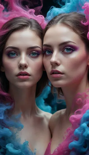 Two female faces, young adult, ethereal, merged. Neon-blue and neon-pink hues dominate, creating a vibrant, otherworldly feel. The faces exhibit intense emotions, both mysterious and captivating. Eyes are wide, piercing, and with glowing, intense colors. One half of each face is illuminated in deep blue tones, the other in strong magenta-pink. A variety of small, monstrous figures, with sharp features and dark tones, surround the main subject, as if they are part of the main subject. The faces appear to be floating in a dark, misty medium. The background is textured with swirling, translucent, ethereal smoke or energy, in similar neon colors. The composition is complex, emphasizing the merging of the two faces and the surrounding figures. The perspective is close-up, focusing on the intricate details. Facial expressions are intense and mysterious, creating a surreal atmosphere. The style is digital art, blending surrealism with a touch of fantasy, using glowing colors. The textures are smooth and digital, no physical textures, but a blend of digital, hazy textures, giving a luminous effect. The figures are posed in motion, appearing as if they are caught mid-movement, enhancing the sense of dynamism. The mood is haunting, yet captivating, with a mixture of ethereal beauty and subtle unease. The art style is a digital illustration, surrealist, otherworldly.