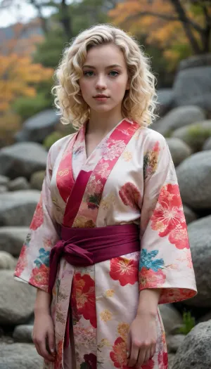 A 20-year-old blonde girl with curly hair and small breasts wearing a Japanese kimono in a rock garden