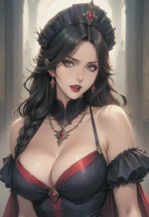 (Fool's art style), (ai_generated anime_style:1.4), official art, anime style, hard_outline, strong_outline, clear black outline, sexy pose, mature woman, beautiful girl drawn in anime style, dramatic gothic horror portrait, (vampire queen in elaborate medieval-style costume:1.4), . She wears an ornate headdress adorned with emerald green stones and coral gems, complemented by matching layered necklaces and arm cuffs. She's pale skin contrasts with dark eye makeup and, (bloody vampire fangs:1.4), . close-up shot with moody side lighting against a dark background, sinister supernatural atmosphere. She wears a red bodice with ornate green and gold trim, overall, (color palette emphasizes dark tones with rich emerald green and deep red accents:1), perfect fingers, style anime, inspired illustration, style oda_non, style homare, looking at viewer, dynamic camera, hard shadows, backlite, tight shot, face focus, <lora:cartoon_stickers_xl_v1:.8>, <lora:AnimatedNightmaresStyle:.8>, <lora:style61-a31-000015:2>, <lora:EnvyStylizedXL01:1.2>
