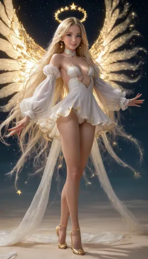 Cute girl, (petite girl:.1), side view, 20 years old, (In space, milkyway in background, late at night, 2300h, standing tiptoe on the clouds, reaching for a star:1.15), star lights in the clouds, ((long white hair, surrounded by a halo of stars, wind in hair)), (very long hair), (angel wings:1), (round breasts, small ass, slim waist, slim thighs, gymnast body, cute face:.1), seductive pose, aroused smile, (flowing, sexy layered angelic white micro-dress with billowy sleeves, white sexy panties, adorned with intricate golden stars and tiny beads, capturing the ethereal glow of the light:1.47), The scene is set in a serene, minimalist environment, where the focus is on the interplay of light and shadow. The soft illumination creates a halo effect around, highlighting the intricate details and adding a sense of mystery and elegance to the composition, (from front), Legacy lighting, Rating_explicit, ethereal fantasy photography, (score_9, score_8_up, sharp focus, masterpiece), Super realistic, perfect lighting, (best shadow), 8K, UHD, clear image, (best lighting), highest quality, ultra-detailed images, bright 1-alpha 1.3>, lora, quality, diaphanous, dress, <lora:xl_diaphanous_dress-1.0:1.1>, <lora:RMSDXL_Darkness_Cinema:1.3>, <lora:eye_catching:1.6>, <lora:attractive_notrigger:.8>