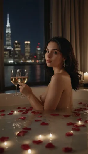 realistic 8K full-body portrait of a breathtaking, sensual, young European woman with wet, glistening black hair, perfect body, alluring tits, reclining nude in a luxurious marble bathtub at night in a high-rise penthouse. The low, rear-focused camera angle emphasizes her prominently arched bubble butt above rich bubbles and rose petals. Warm candlelight and cool city skyline reflections illuminate her glowing skin. She gazes back sultrily over her shoulder, holding a crystal wine glass. Satin slippers and fine jewelry rest nearby on a marble ledge, with sheer curtains framing the sparkling night skyline. The scene radiates cinematic elegance, bold sensuality, and refined luxury.