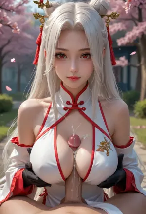 bare shoulders, black gloves, blurry, cherry blossoms, china dress, chinese clothes, claw ring, closed mouth, elbow gloves, frilled sleeves, fur collar, hair ornament, hair stick, holding, holding smoking pipe, large breasts, long hair, looking at viewer, outdoors, parted bangs, pelvic curtain, petals, red eyes, smile, smoking pipe, tassel, thighs, tree, very long hair, white dress, white hair, ningguangdef, ningguangorc, ningguangrnd, grey, parted, (red, eyes:1.5), streaked, detached, sleeves, frilled, frills, jewelry, pelvic, curtain, sleeveless, (pov titjob, penis cum:1.4), (reiq style:.8)